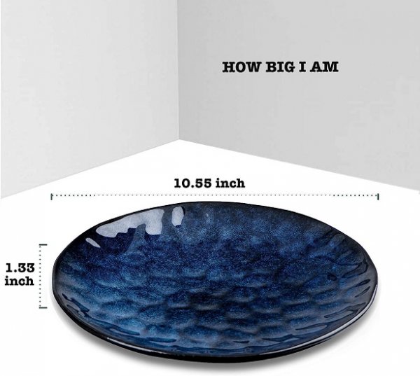 Ceramic Dinner Plate Set, 10.5 Inch, 6-Piece, Round, Microwave, Oven, Dishwasher Safe, For Steak, Pasta, Pizza, Home, Party, Restaurant (Blue)