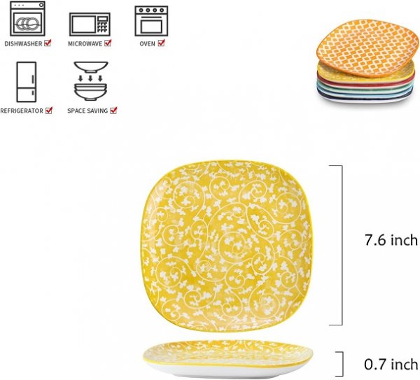 Porcelain Square Dessert Salad Pasta Plates 7.6 inches ceramic plates set of 6 microwave/dishwasher/oven safe, Assorted Colors