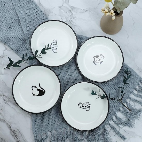 Cute Cartoon Gentleman and Dot Cat Ceramic Seasoning Dishes Sauce Dish Sushi Dipping Bowl Appetizer Plates Tea Bag Holder Serving Dish for Kitchen 5 Inch, Set of 4