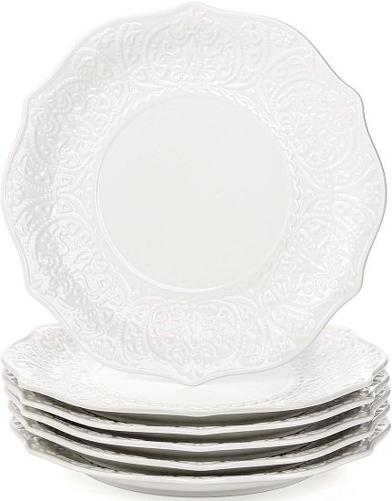 Set of 6 Salad Plate, 8 Inch Porcelain Dessert Serving Plates, Embossed Printing Small Dinner Dish for Pancakes, Steak, Microwave, Dishwasher Safe