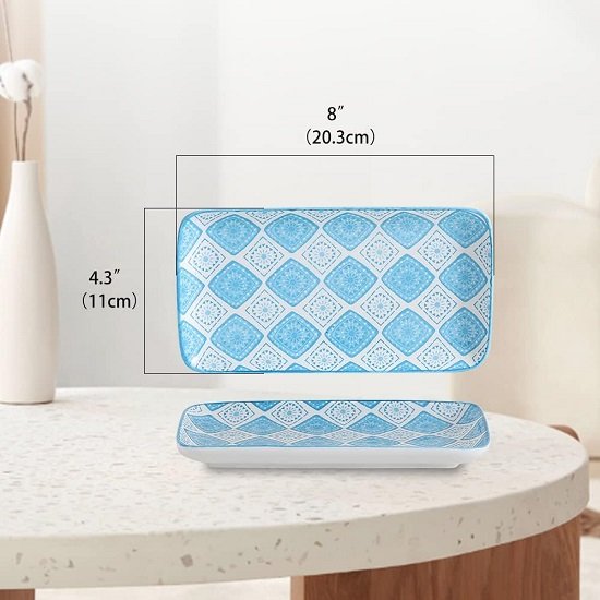 Appetizer Plate Set Dessert Plate - Small Rectangular Serving Plate for Sushi | Snacks | - Colorful Ceramic Dinnerware Set of 6 - Microwave and Dishwasher Safe - 8 Inch