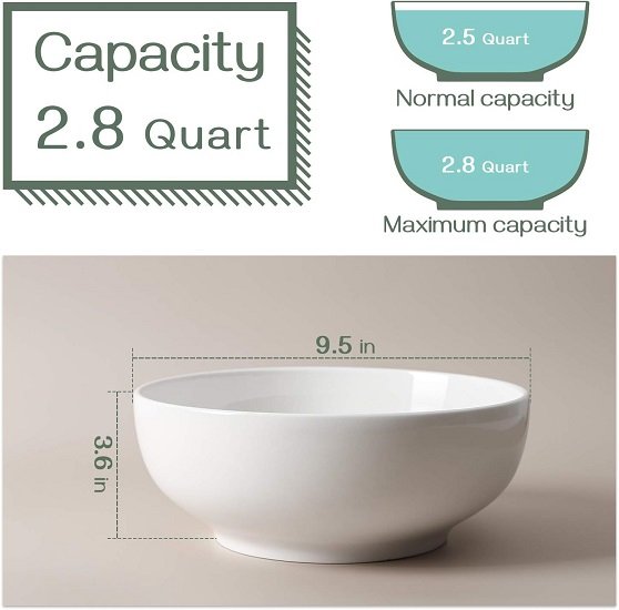 Pack of 2,Large Salad Bowls, 9.5" White Ceramic Fruit Bowls, Microwave & Dishwasher Safe, Easy Clean