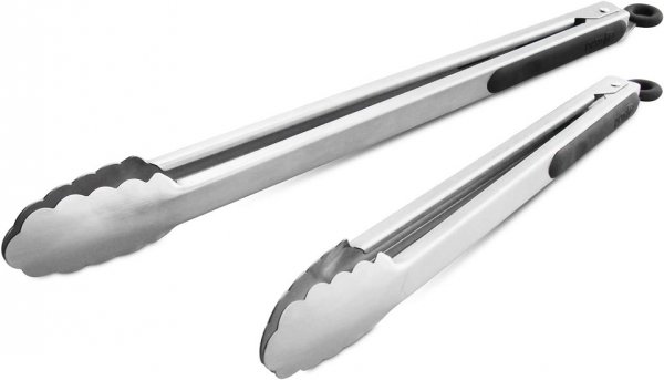 304 Stainless Steel Kitchen Cooking Tongs, 12" and 14" Set of 2 Strong BBQ Brushed Locking Food Tongs, Black